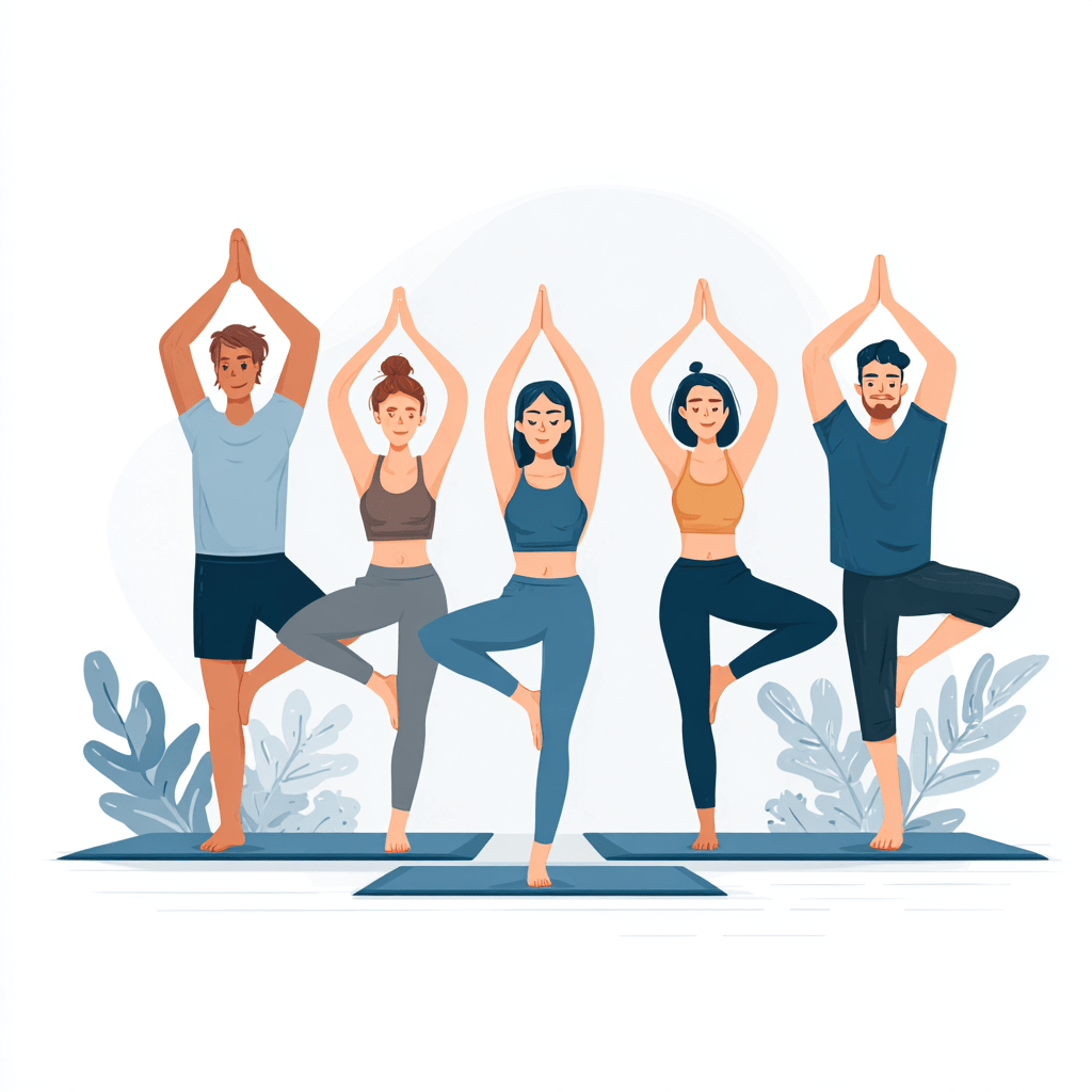 5 yoga students and one yoga teacher in a studio doing yoga as vector illustrator explanation, on white background, 1:1