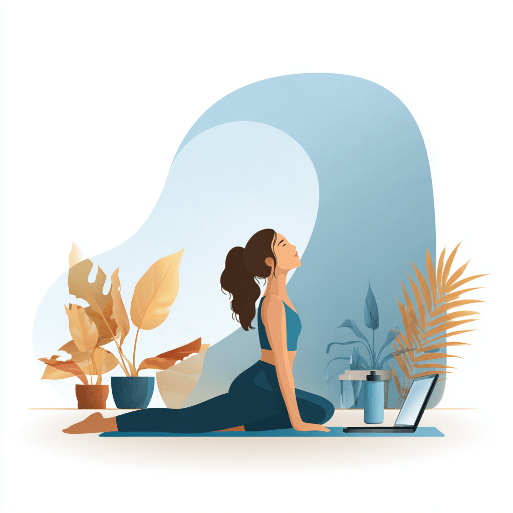 an online yoga class as vector illustrator explanation, on white background, 1:1
